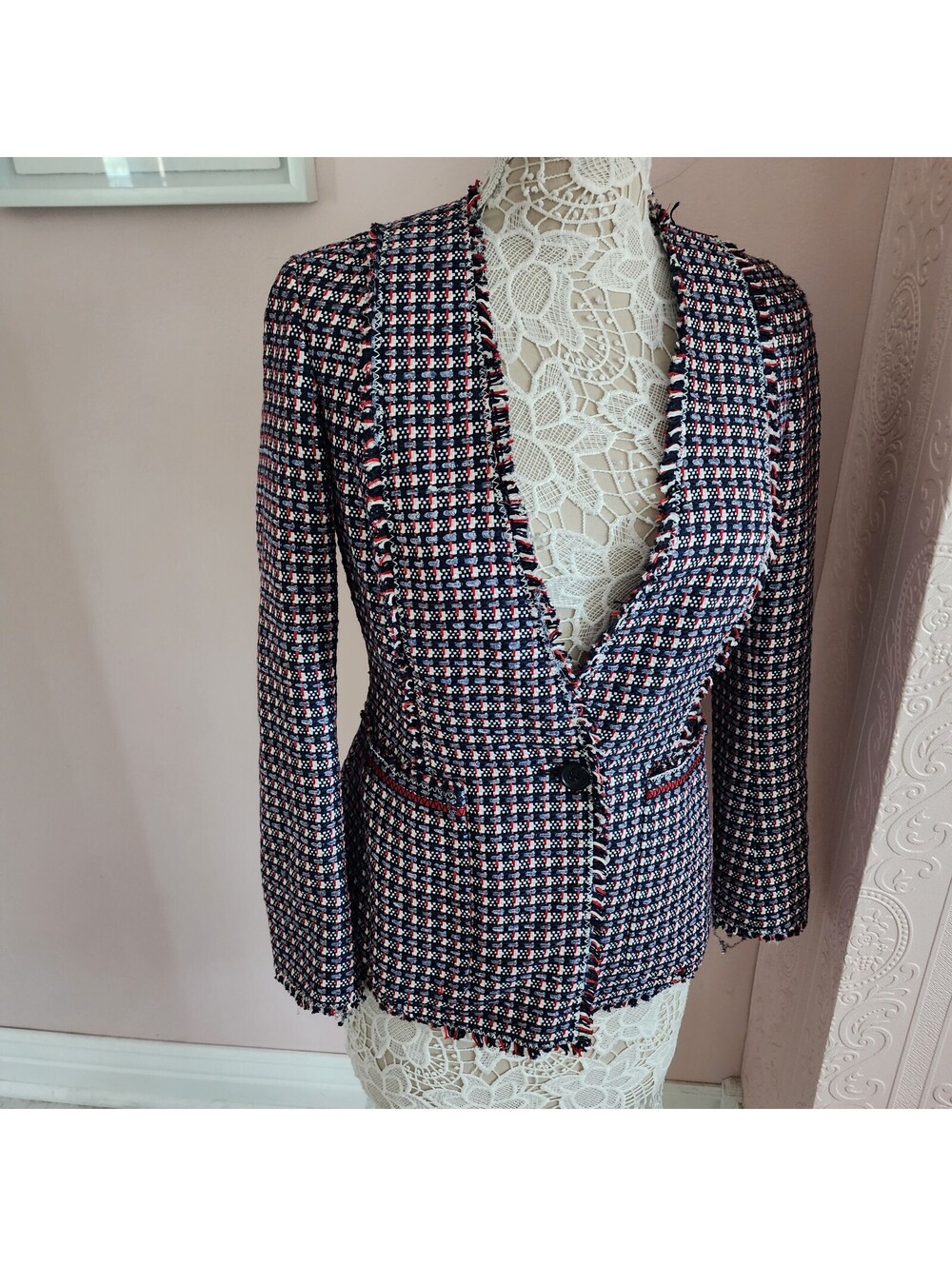 Carolina Herrera Tweed Blazer Jacket Women’s 6 Italy Fringe Red Navy